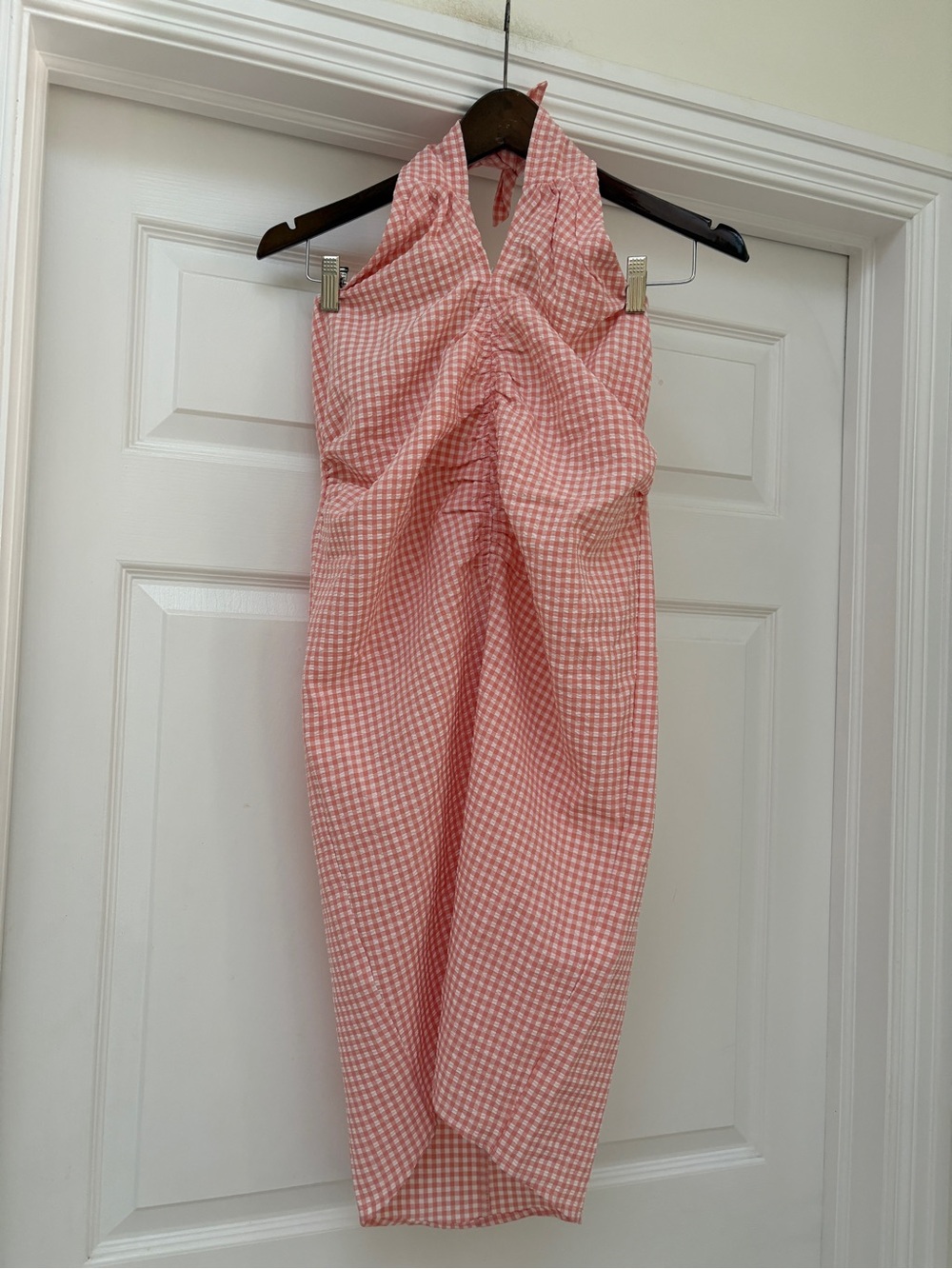 NWT Mango Pink Gingham Backless Halter Midi Dress